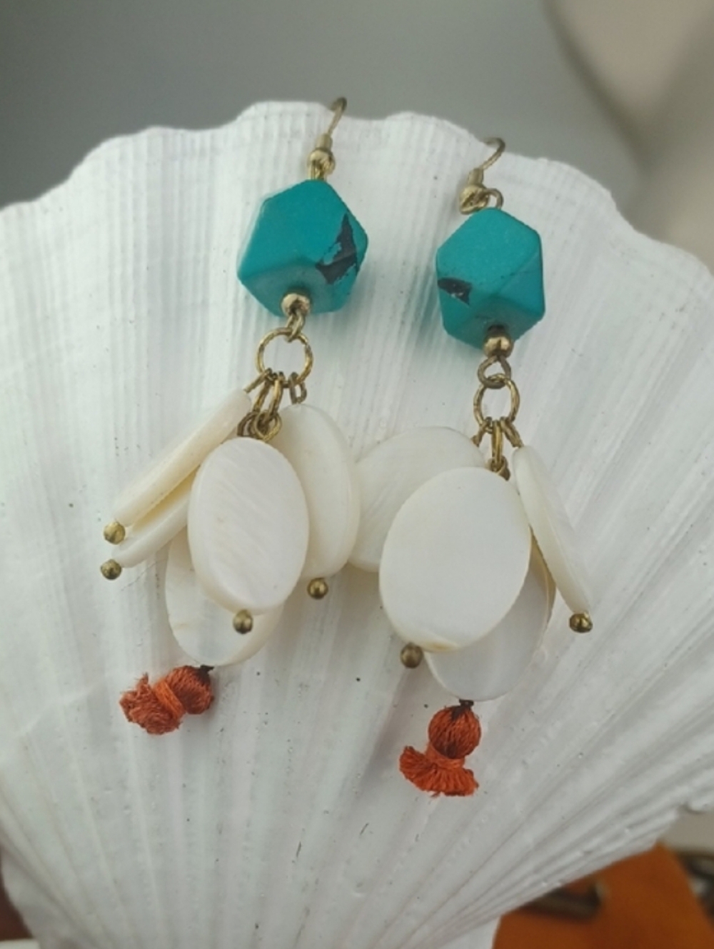 Boho Turquoise Stone & White Shell Drop Dangle Mini Pom Pom Earrings